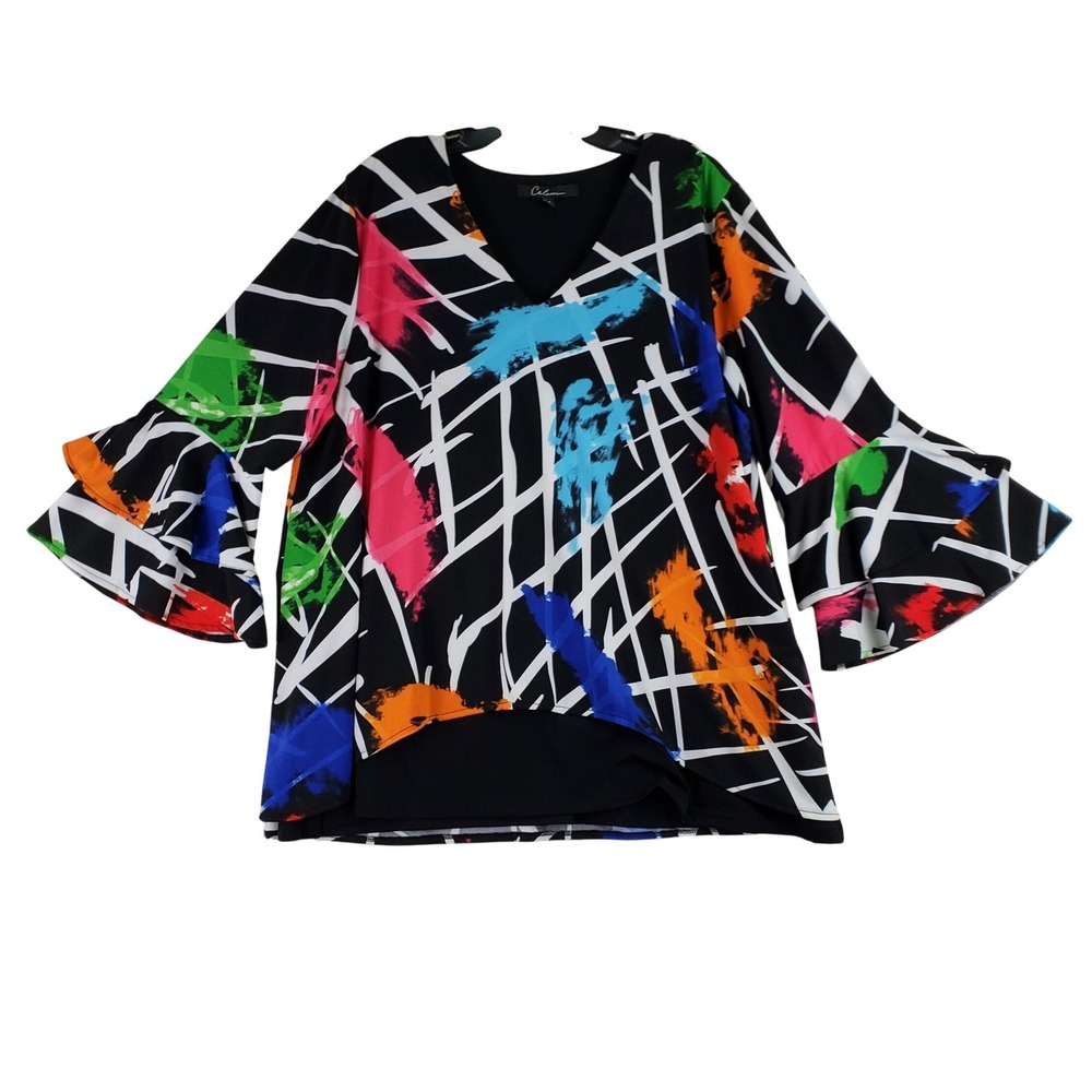 Caleesa Abstract Print Blouse Women XL Black Multicolor Art To Wear Bell Sleeve